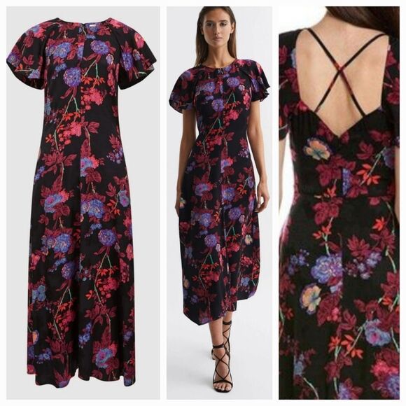 NWT Reiss LENI FITTED FLORAL PRINT Black MIDI Whimsy Fairy DRESS Size 10 *FLAWED - Picture 10 of 16